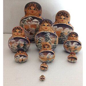Nesting Dolls Hand Painted - 10 Pieces Light Wood Marked Soviet? RARE Large size